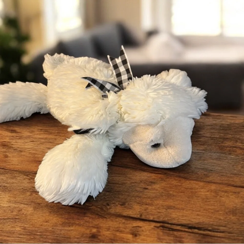 Charter Club Plush Lamb Laying Down Semi Flat Beanbag White Black Check Bow 22”